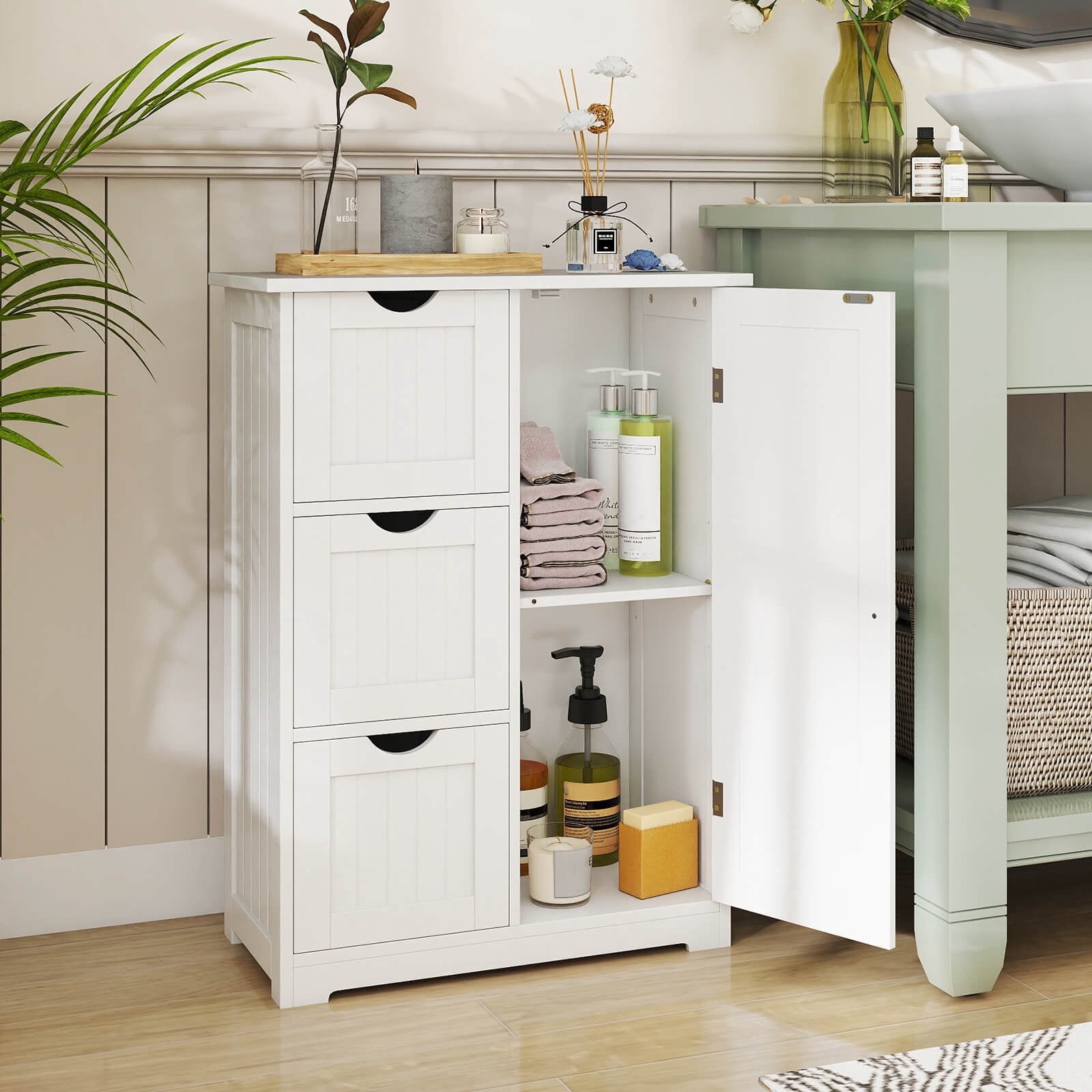 Costway Bathroom Floor Cabinet Side Storage Cabinet with 3 Drawers and 1 Cupboard White