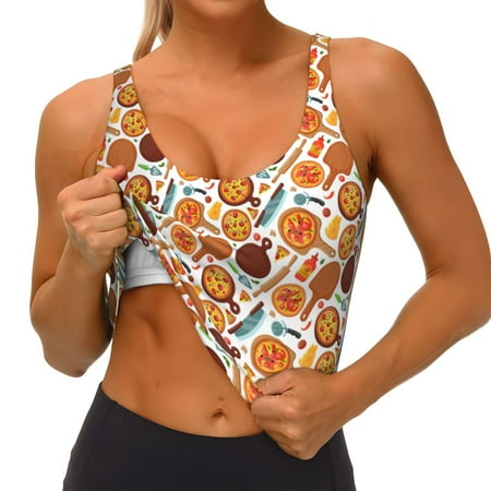 Qokaie Hot Fresh Pizza Pattern Womens Scoop Neck Sports Bra Breathable Workout Vest Padded U Back Medium Impact Fitness Gym Yoga Bra Workout Crop Top