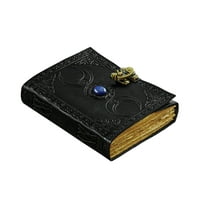 Vintage Leather Journal with Semi Precious Stone Black Triple Moon Design 200 pages Antique Deckle Edge Paper - Book of Shadows, Grimoire Journal, for Men and Women 7x5 inch