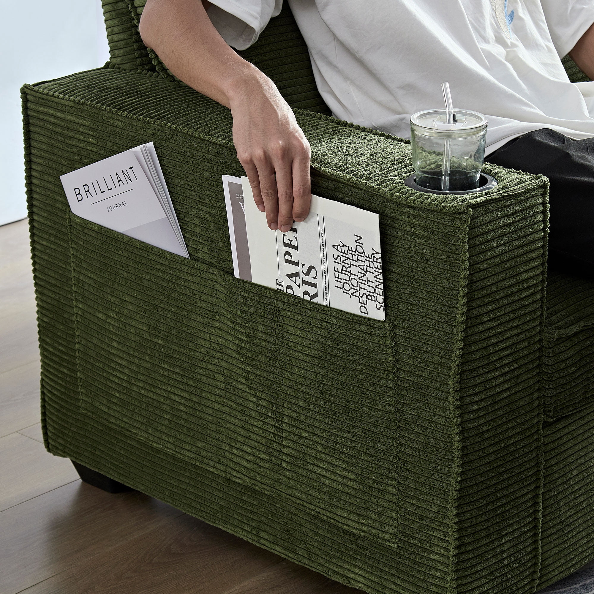 Aukfa 87" Comfy Sofa for Living Room,Deep Seat Loveseat Couch with Cupholder, Corduroy, Green