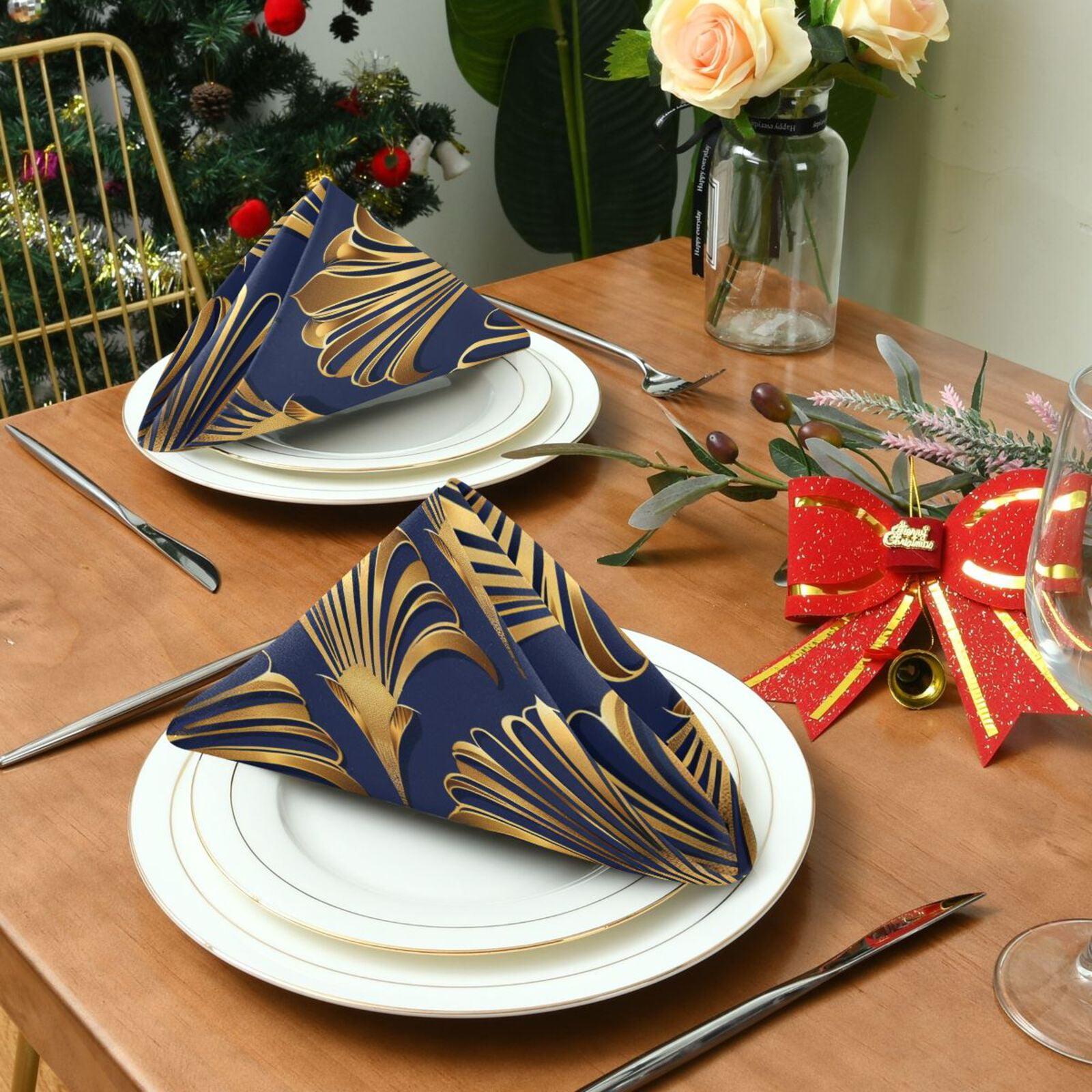 JSTEL Abstract Gold Fans Cloth Napkins Set of 6, 20x20 Inch Washable and Reusable Napkin for Decoupage Dinner Party Everyday Use
