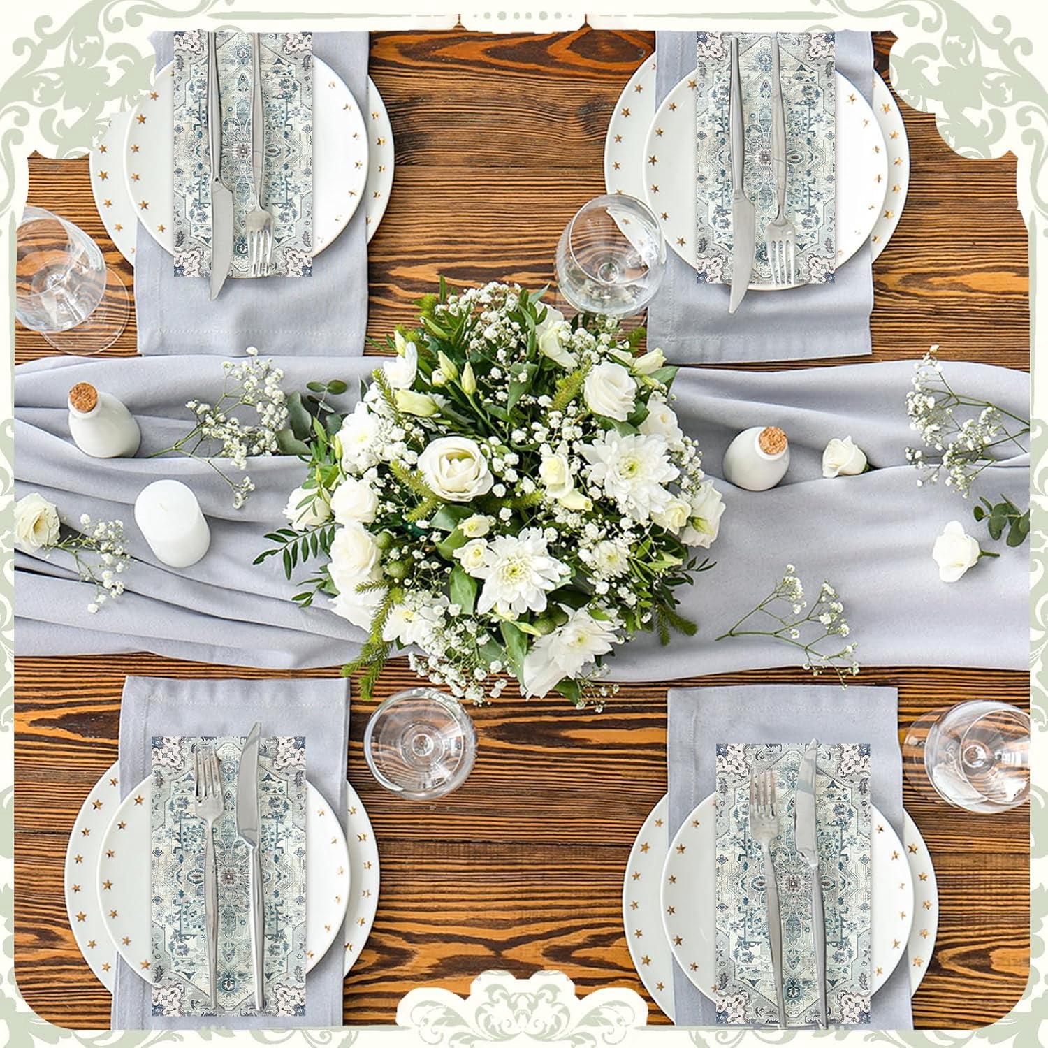 100 Pcs Vintage Boho Napkins Paper Guest Towels 2 Ply Decoupage Napkins Disposable Decorative Hand Towel for Bathroom Kitchen Wedding Party Dinner(Blue and Grey)