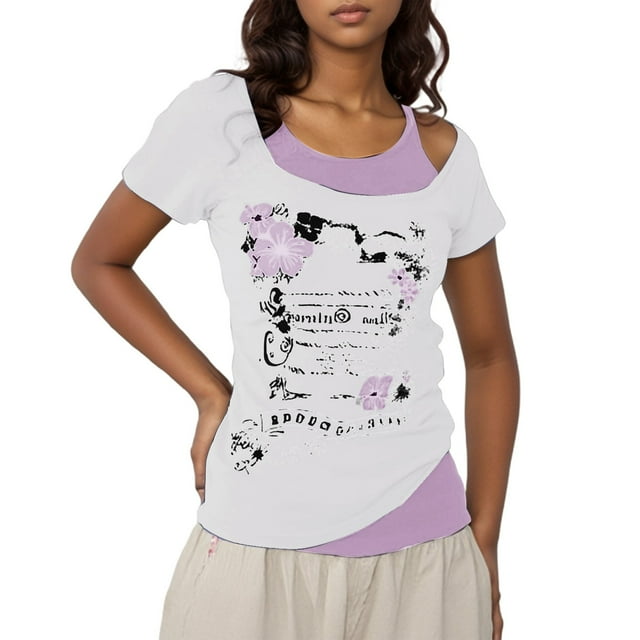 Zmoon Retro Halter Neck Fake Two-Piece Design Short-Sleeved T-Shirt Summer Cropped Top