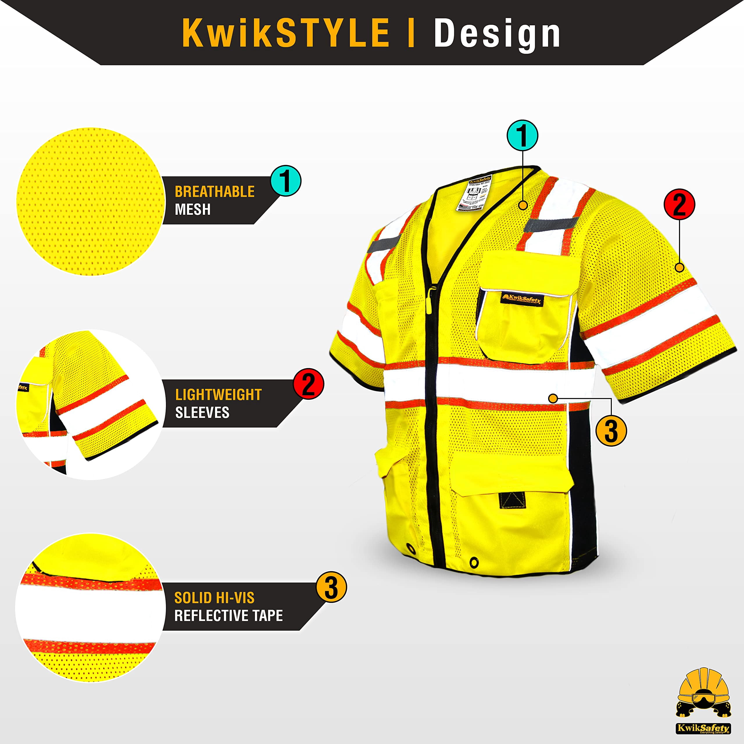KwikSafety (Charlotte, NC) EXECUTIVE Safety Vest (10 Pockets) Class 3 ANSI OSHA High Visibility Reflective Heavy Duty Mesh Zipper HiVis Construction Work Site HiViz Men Women | Yellow Large