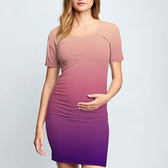 Delliss Pleated Bodycon Maternity Dress For Women Crew Neck T-Shirt Trendy Print Breathable Dress For Daily Wearing