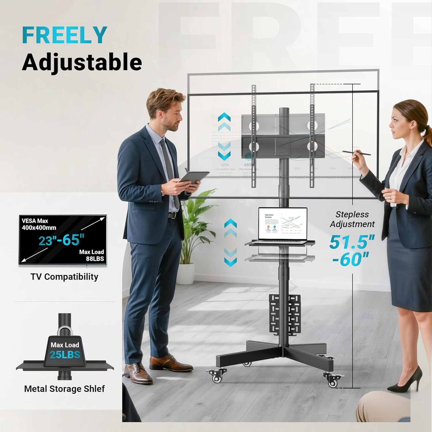 Mobile TV Stand for 23-65 Inch TVs, Rolling TV Stand with Locking Wheels, Adjustable Height, Media Shelf, Max VESA 400x400mm, Holds Up to 88lbs