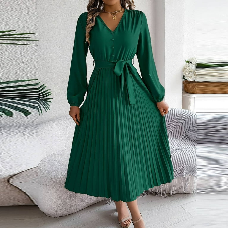 strapless open back dress Long Sleeve V-Neck Pleated Satin Midi Dress main image 0