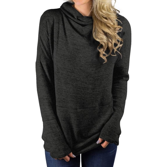 TWY Women Solid Color Cowl Neck Long Sleeves Front Pockets Blouse