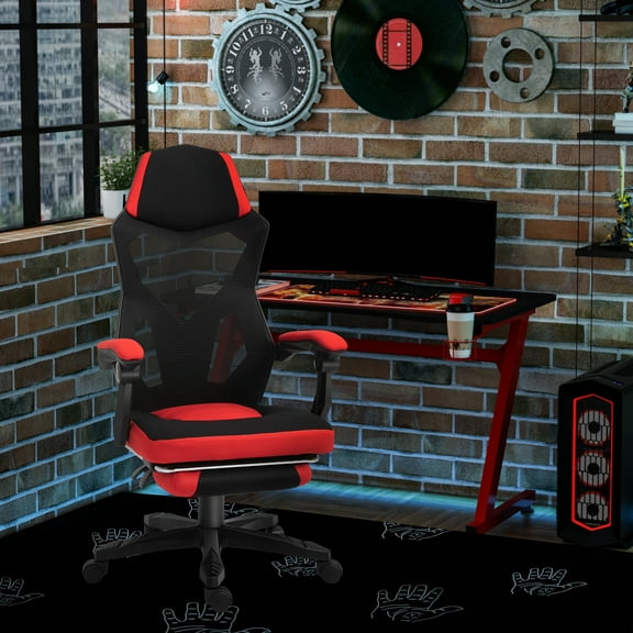 Vinsetto Ergonomic Home Office Chair High Back Armchair Computer Desk Recliner with Footrest, Mesh Back, Lumbar Support and Wheels, Red