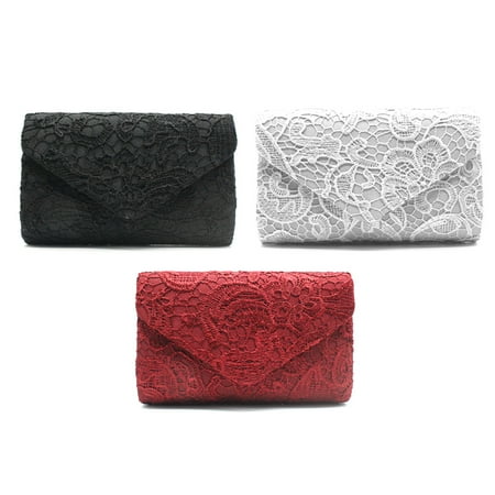 Women s Elegant Flower Lace Evening Dress Clutch Envelope Ball Handbag Wedding Wallet - Black+Silver+Date Red