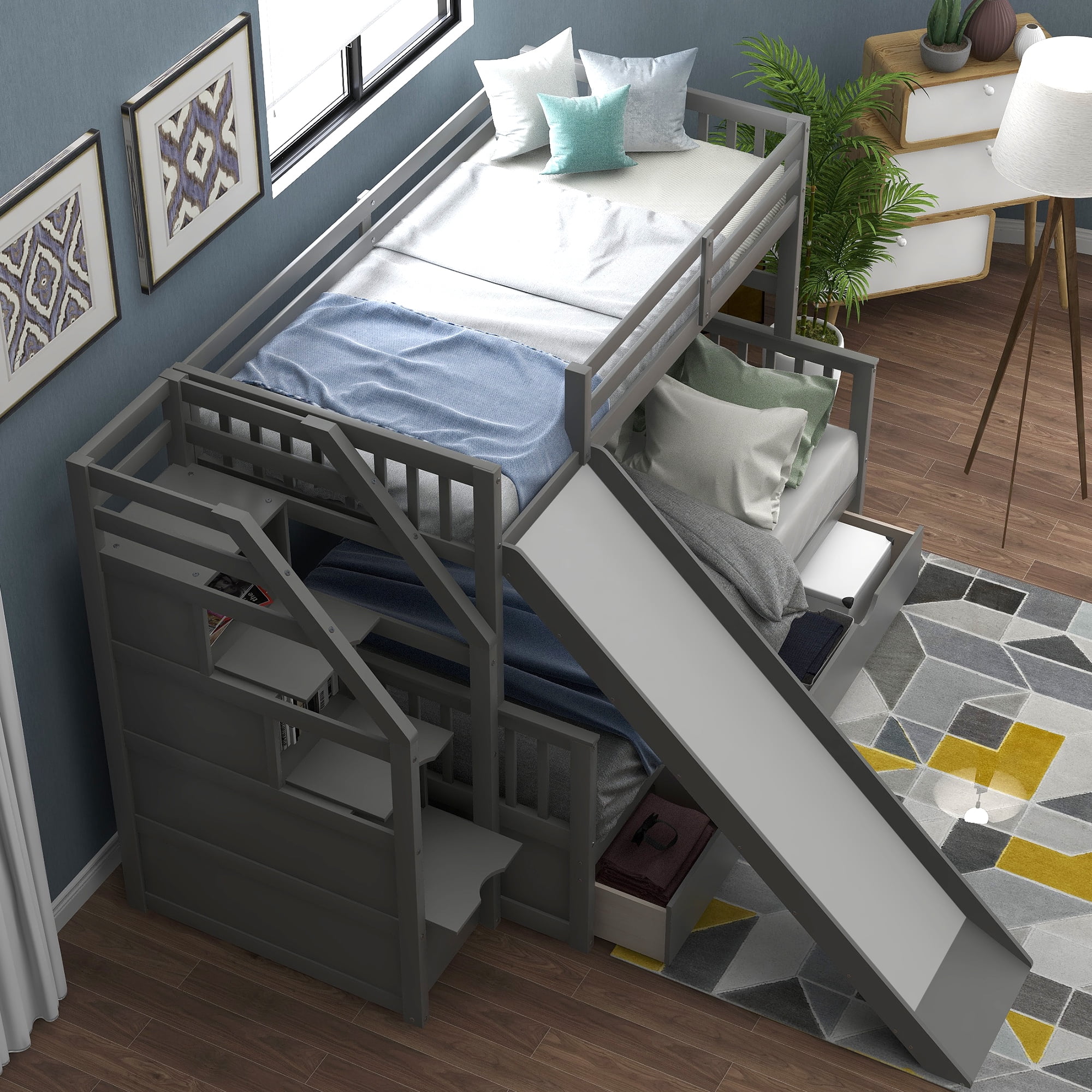 Euroco Wood Twin over Full Bunk with Drawers and Slide, Storage Staircase for Kids Teen Adults, Gray
