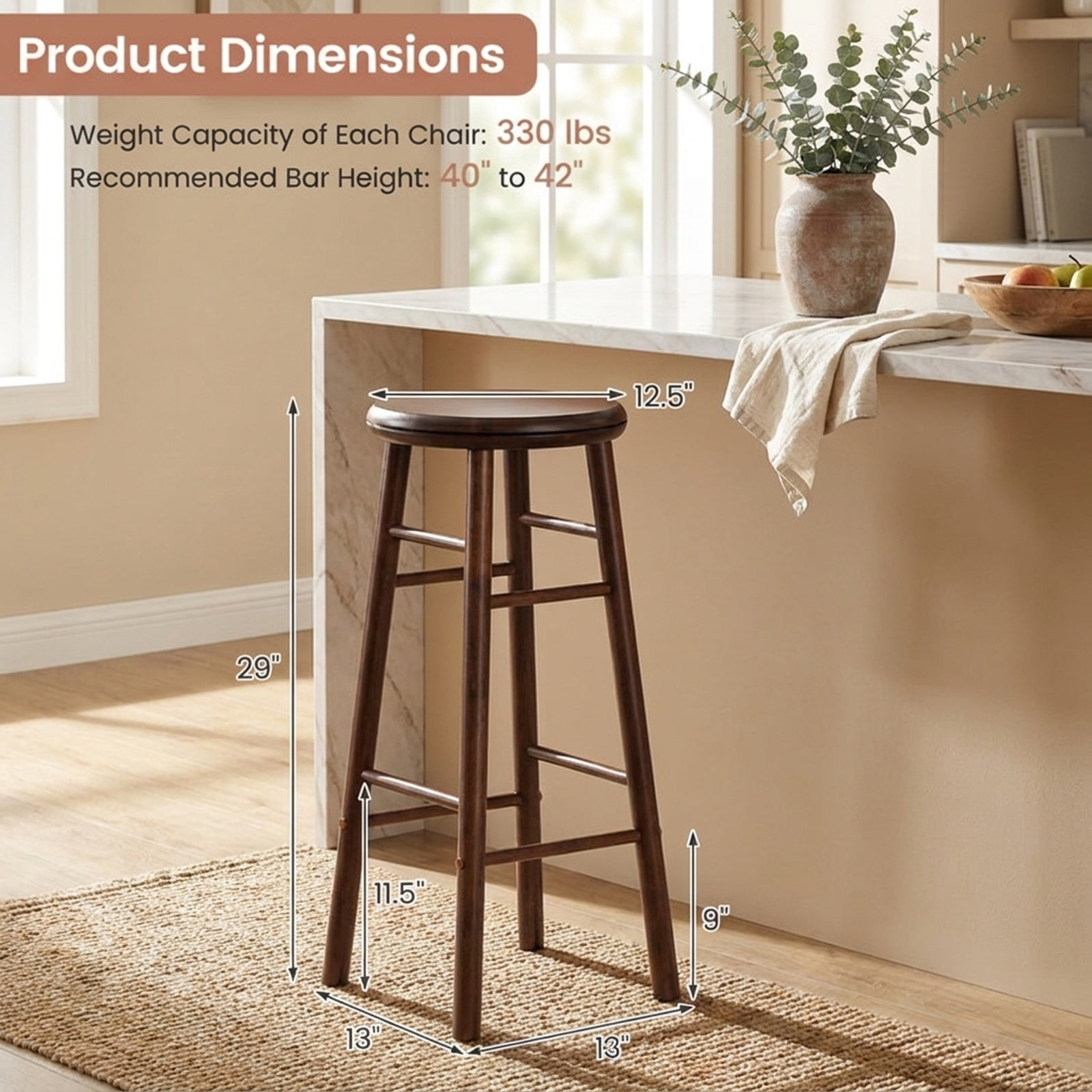 Furnibear 29" Swivel Bar Stools Set of 2 with Footrests & Crossbars for Kitchen Island Counter Bar Pub Dining Home, Walnut