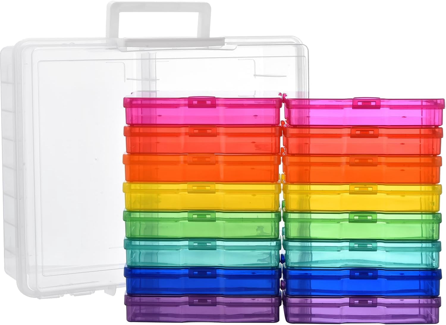 Photo Storage Box with 16 Inner 4" x 6" Photo Case, Portable Storage Organizer with Handle Craft Keeper for Picture, Stickers, Stamps, Screws, Hair Clips, Colored