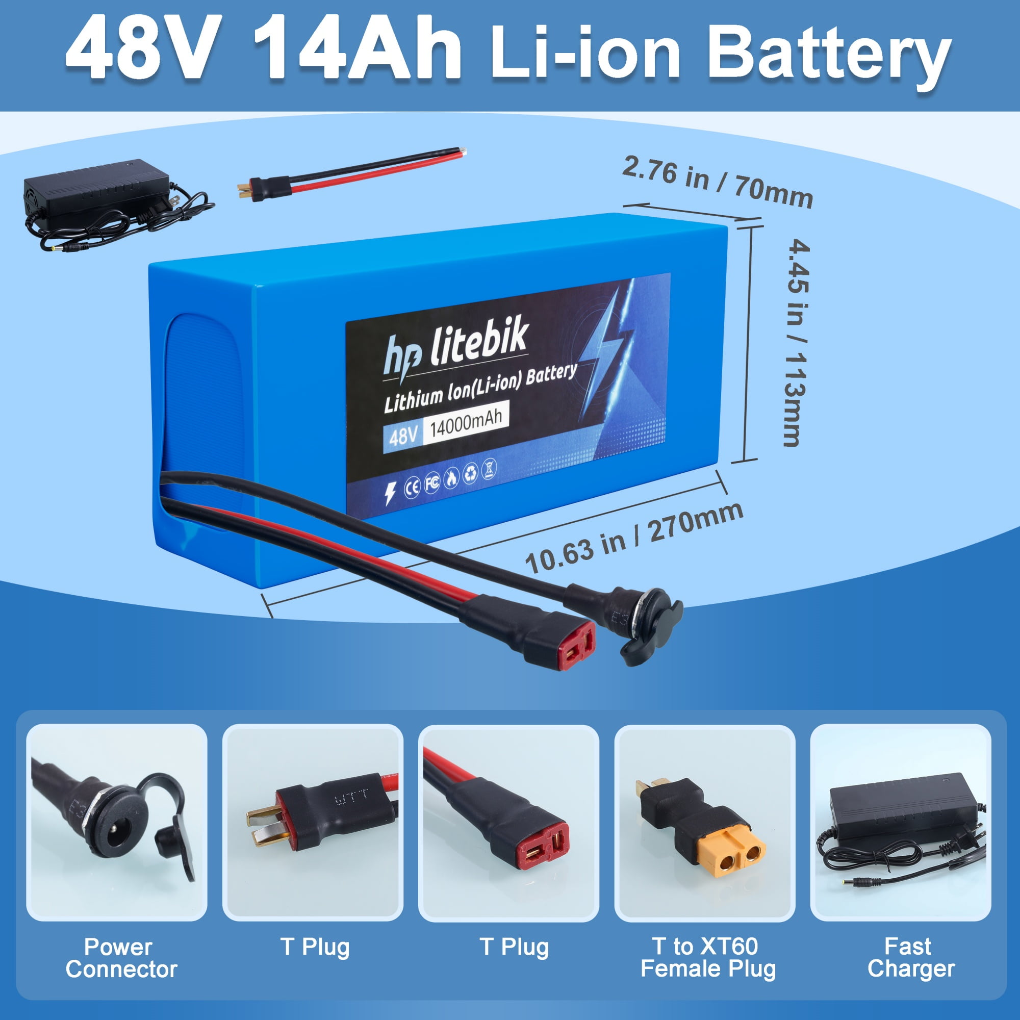 48V 14Ah Battery 48V Lithium-ion Ebike Battery 1000W with BMS Compatible for Adult Electric Bikes Motors