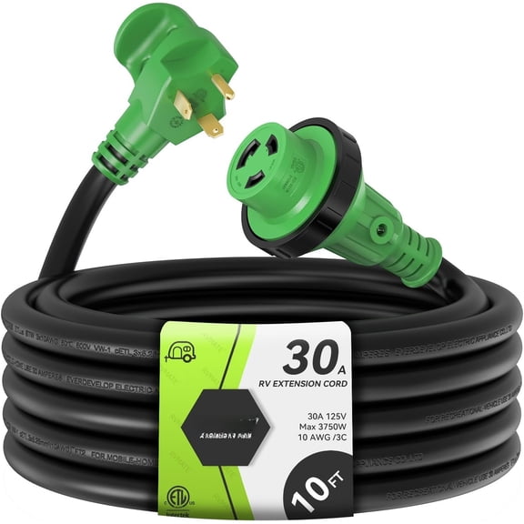 10  30 Amp RV Lockable Power Extension Cord with Easy Plug-in Handle, TT-30P to L5-30R,  , 10 AWG, ETL Listed