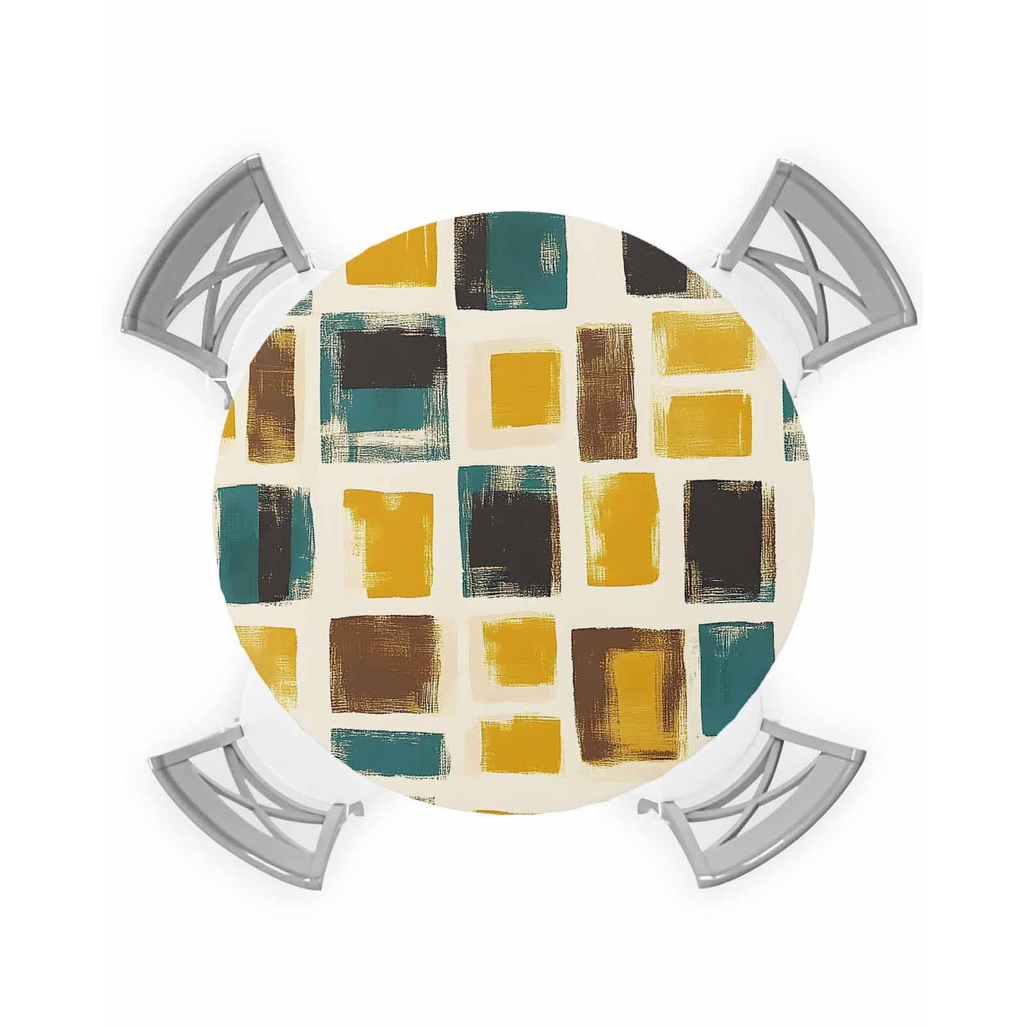 nqOlkjepod Yellow Teal Black Geometric Round Tablecloth Fitted Table Cover with Elastic for 45 -54 Round Tables Modern Polygonal Abstract Art Table Cloth Dinning Party Waterproof Tablecloths