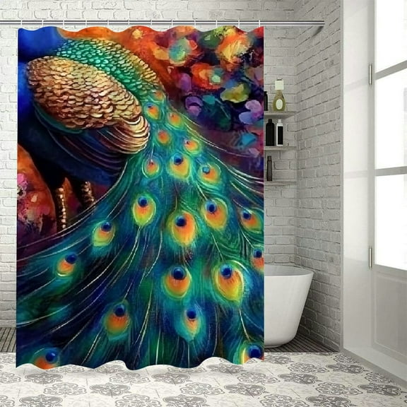 BCIIG Peacock Feathers Bathroom Decoration Set with Hooks, Colorful Luxury Graphic Printed Polyester Cloth Chic Modern Decor Shower Curtain, Waterproof and Easy to Install 36"x72