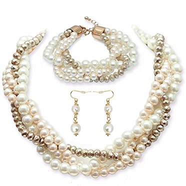 Shineland Multilayer Strand Simulated Faux Pearl Statement Long Sweater Chain Necklace And Earrings Set