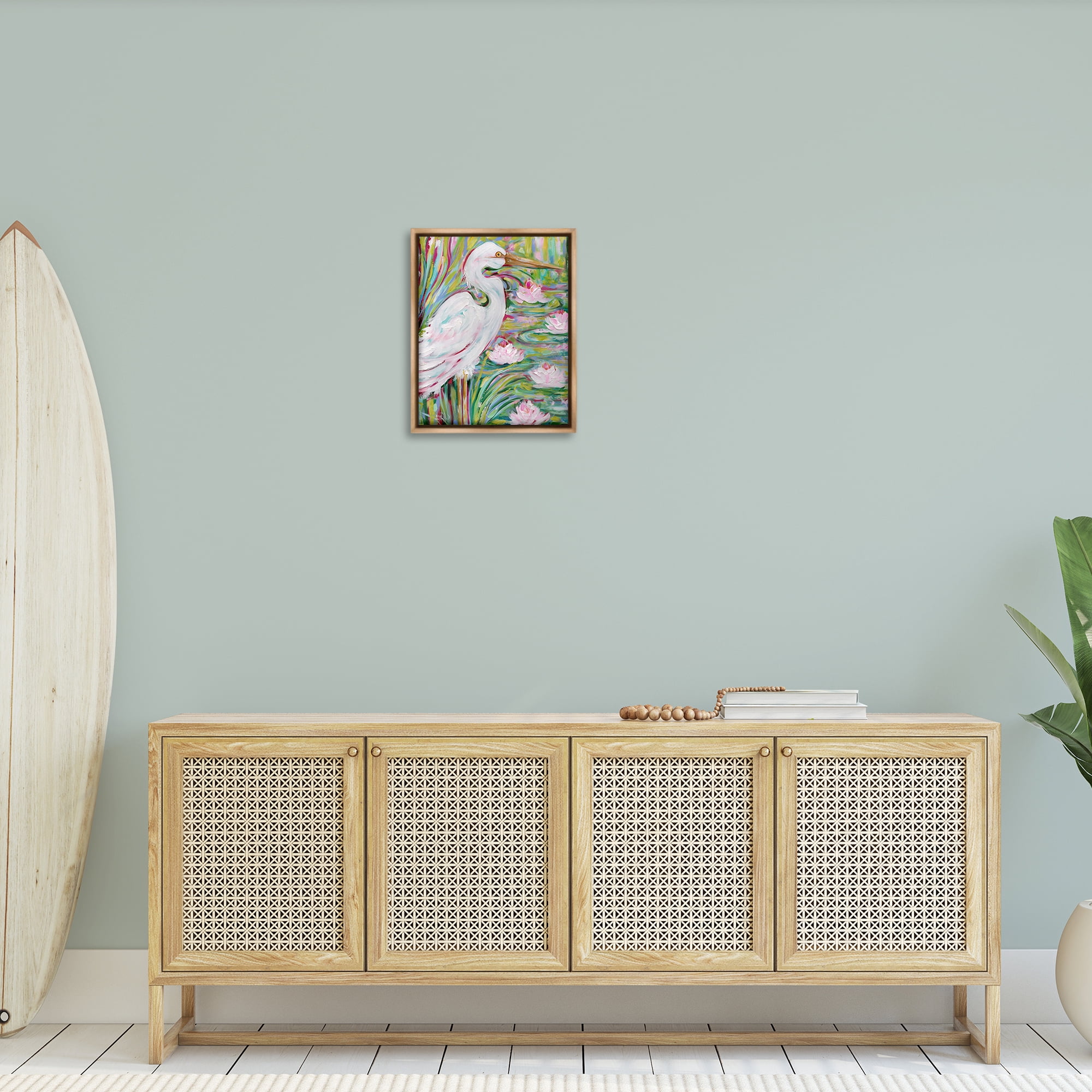Stupell Industries Great White Egret & Lotus Animals Painting Brown Floater Framed Canvas Art Print Wall Art, 17 x 21
