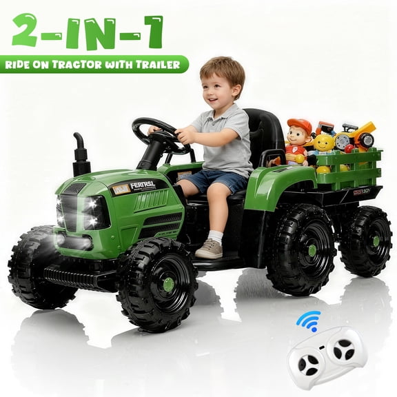 Conchico 24V Ride on Tractor Toys for Toddlers, 400W Powered Ride on Cars with Remote Control and Detachable Trailer, Bluetooth, LED Lights, Electric Car for Kids Aged 3 , Emerald