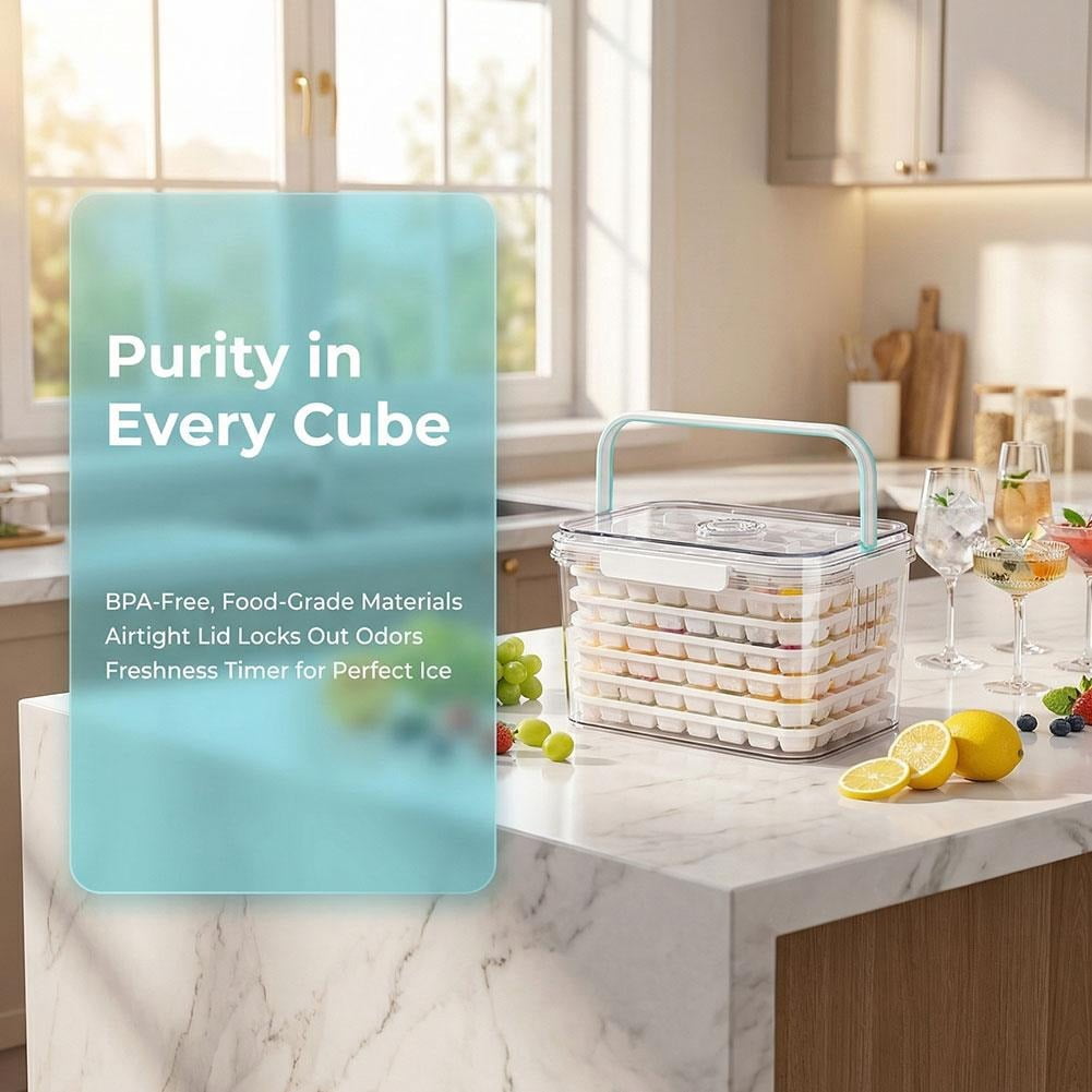 Ice Cube Tray for Freezer with Lid and Bin, Large Capacity Ice Storage Container with Handle and Time Record, Easy-Release Stackable Ice Maker with Bucket