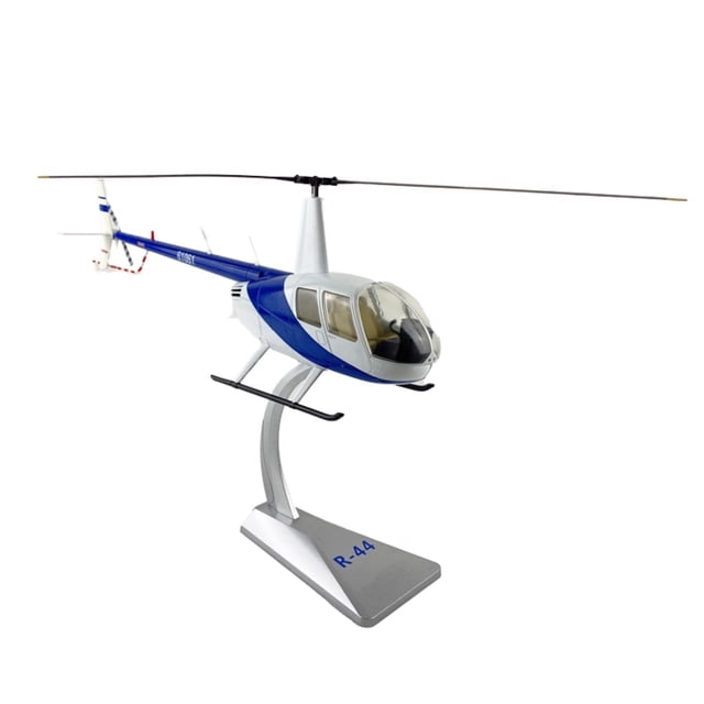 APPLAYERR Die Cast Alloy Robinson R44 Raven Helicopter Model in 1:32 scale, measuring 37cm x 42cm, displayed on a silver stand. The blue and white helicopter features detailed rotor blades and cockpit, suitable for toy airplane enthusiasts, desktop decor, or as a collectible gift.