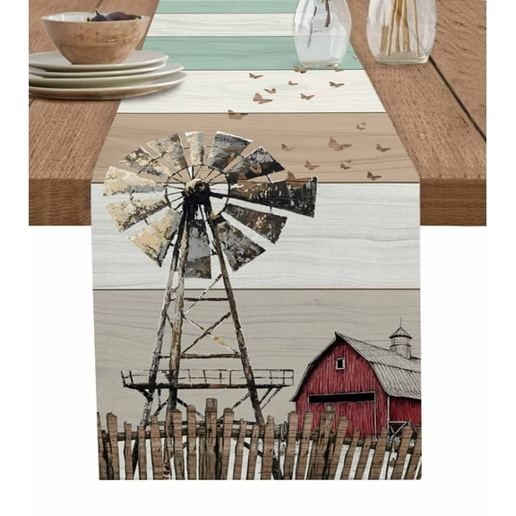 Country Farm Burlap Cotton Table Runner 13x72 Inches Long, Vintage Farmhouse House Wooden Grain Farmhouse Table Runners, Outdoor Dining Tablecloths Decor for Baby Shower/Party/Wedding