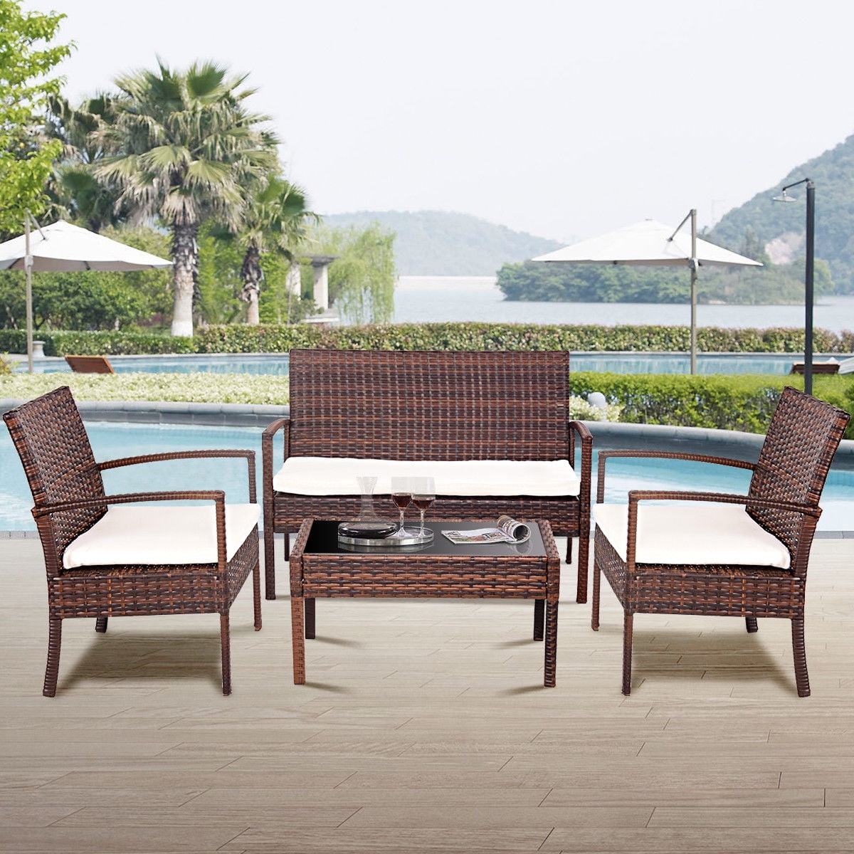 Costway 4 Pc Rattan Patio Furniture Set Garden Lawn Sofa Wicker Cushioned Seat brown by Costway
