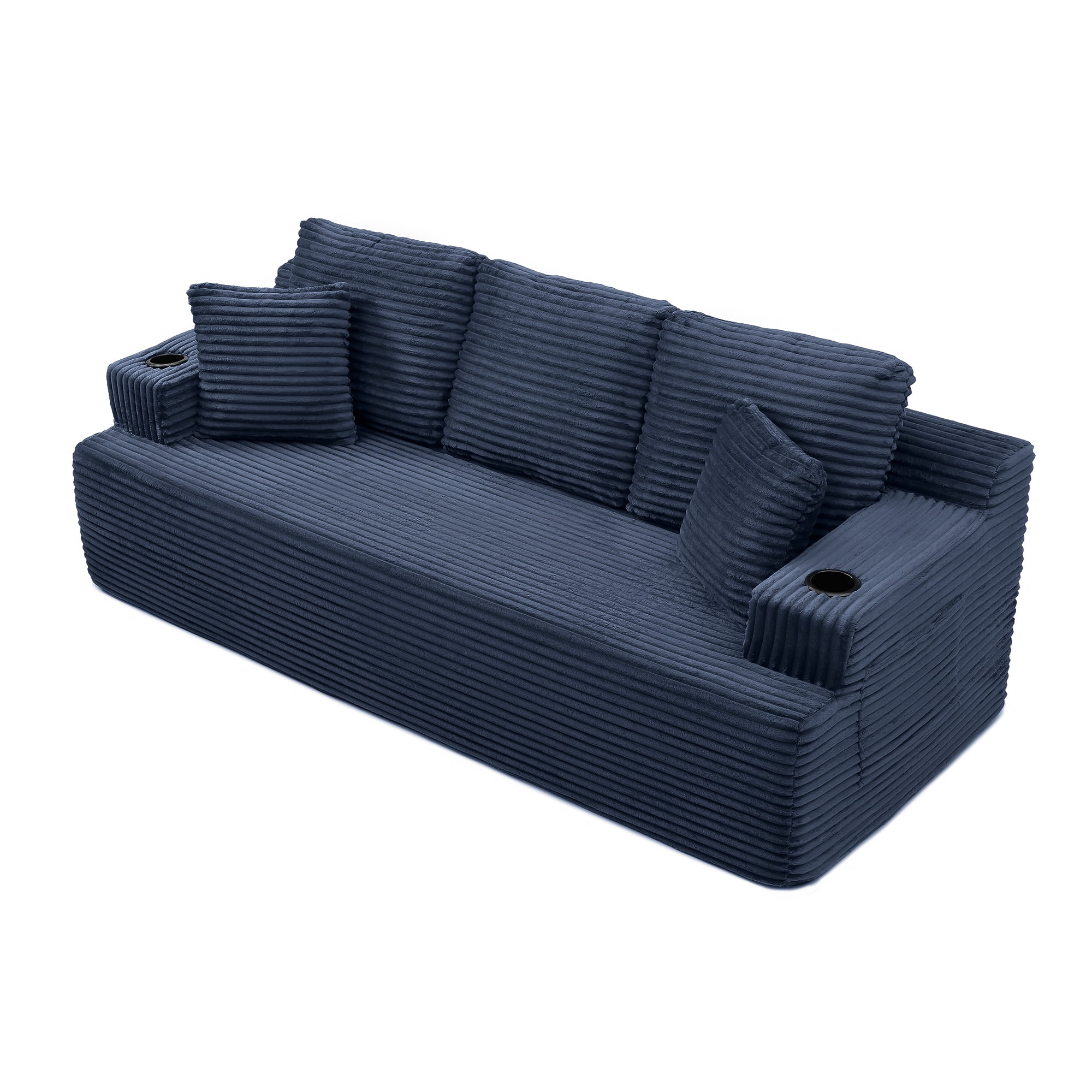 Boneless Sofa, 3-Seater Floor Couch with Cup Holders and Side Pockets, Corduroy Fabric No Assembly Sofa for Living Room or Dorm, 86.2 Inch, Blue