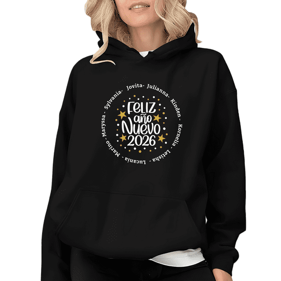 Feliz Año Nuevo 2026 Theme Graphic Tee T Shirt Name Print Top Soft Everyday Cotton Hooded long-sleeved Black S-2XL