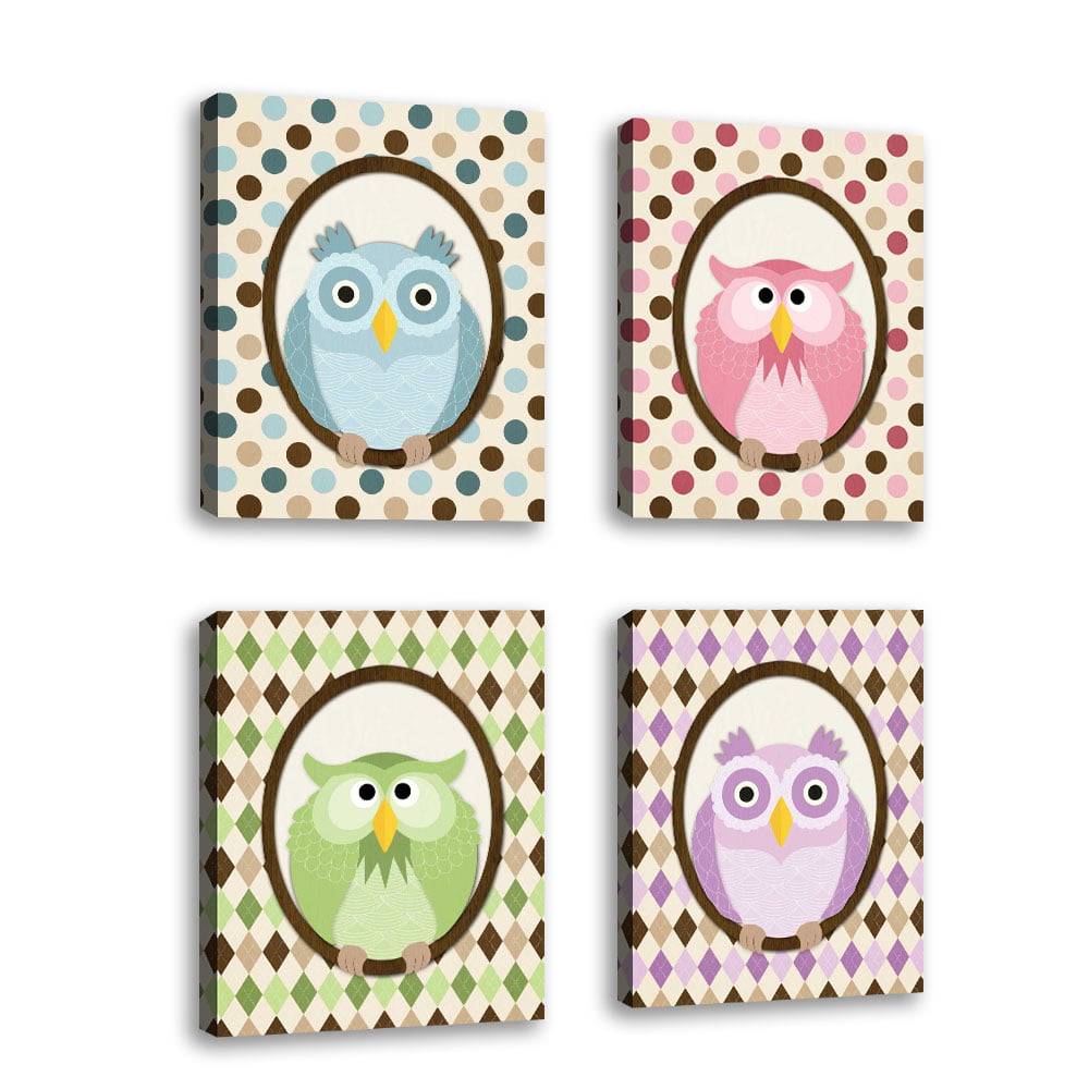 Set of 4 - Sitting Owl IV - Contemporary Fine Art Giclee on Canvas Gallery Wrap - wall décor - Art painting - 14 x 18 Inch - Ready to Hang