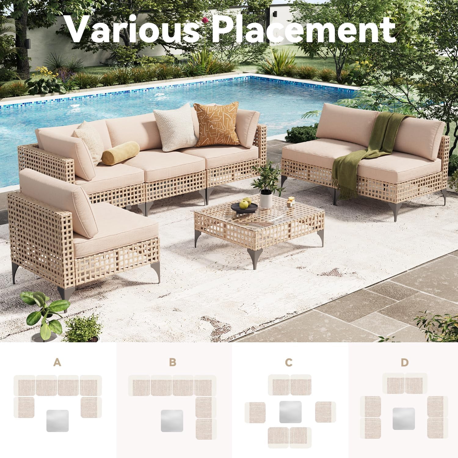 YODOLLA 7-Piece Patio Furniture Set with Coffee Table, Rattan Wicker Outdoor Sectional Sofa Couch Conversation Set in Light Brown Rattan&Beige Cushions