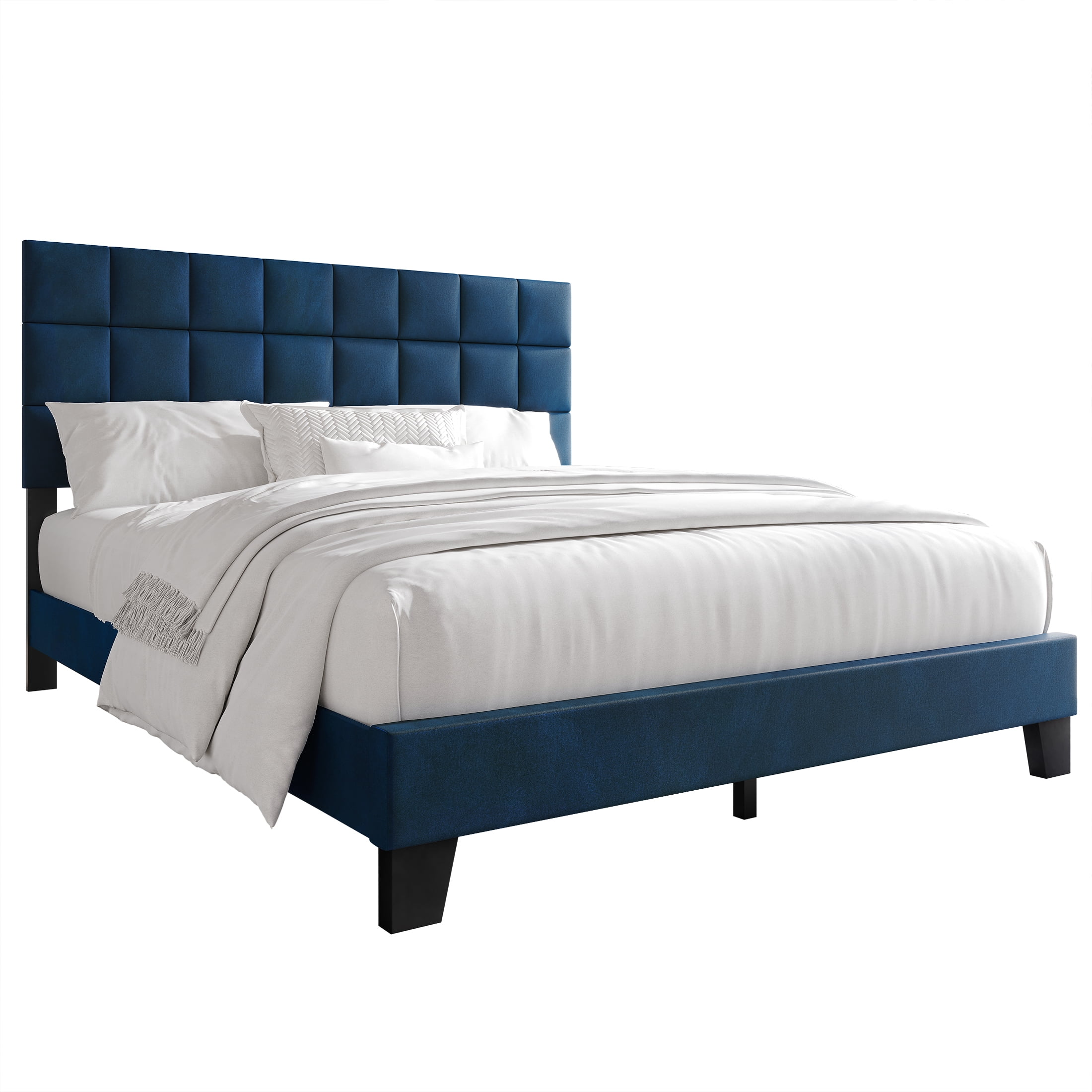 Castle Place Elegant Velvet Upholstered Queen Platform Bed, Navy Blue