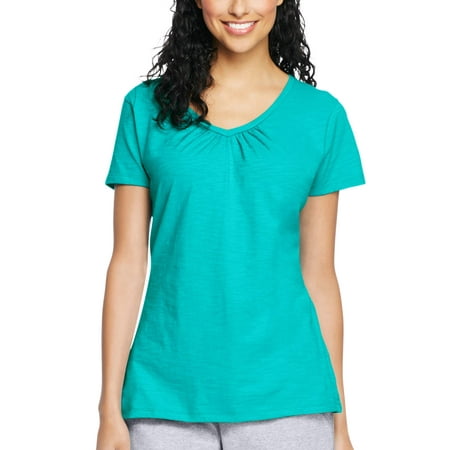 - Women's Slub Jersey Shirred V-Neck T Shirt
