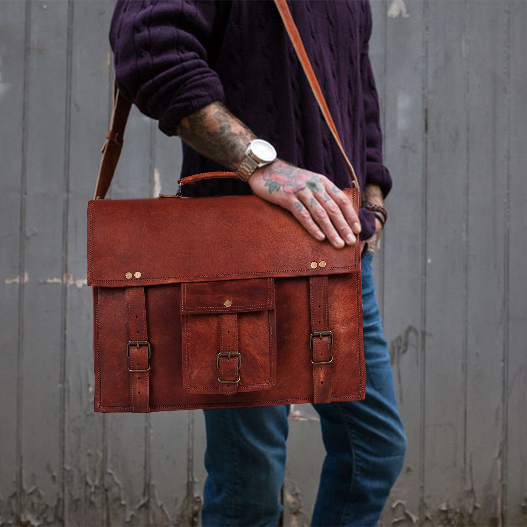 18" Men's Genuine Vintage Incredible Leather Messenger Bag Shoulder Laptop Case