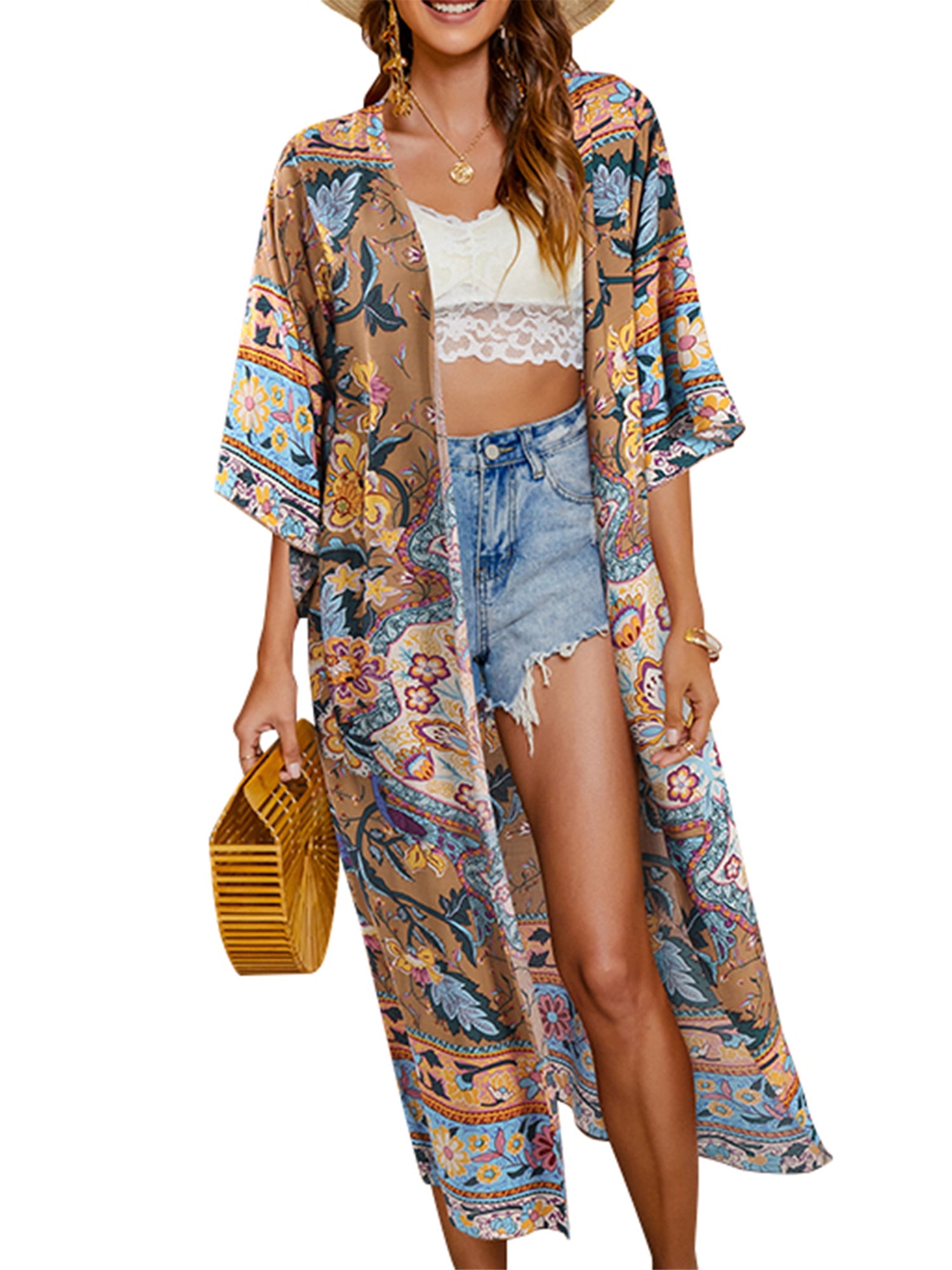 Orshoy Long Kimono Cardigan Rayon Beach Swimsuit Bikini Cover Up Summer Floral Long Maxi/Boho Dress