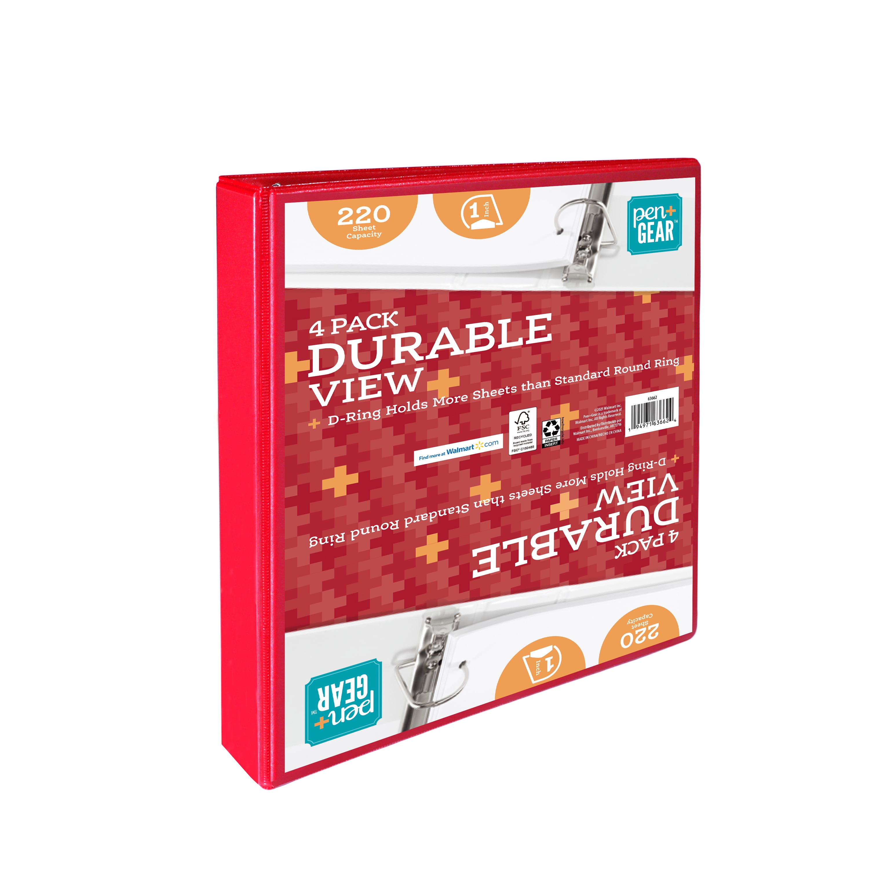 Pen+Gear Durable View 3-Ring Binder with 1-inch Rings 4-Pack (Red)