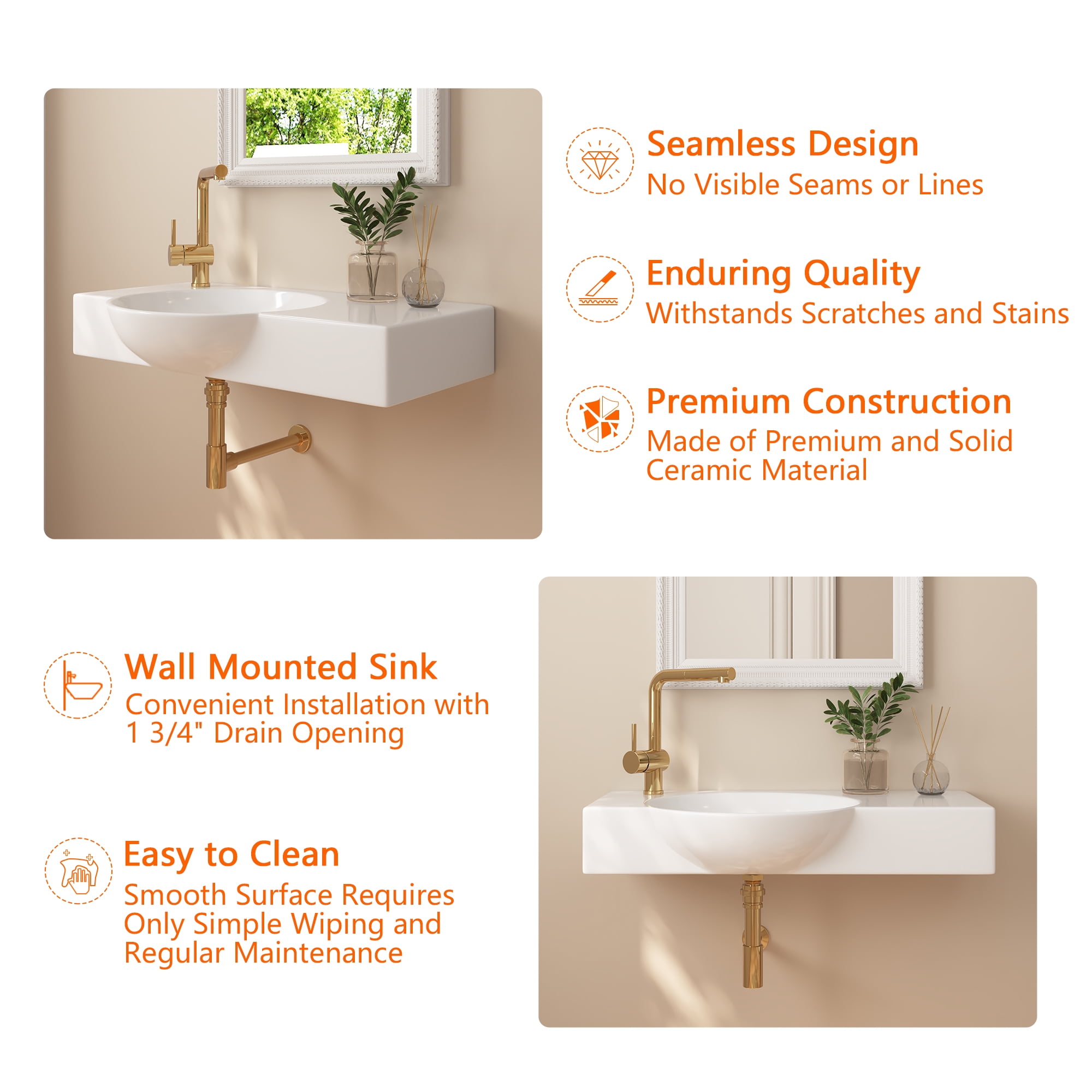 30 in. Left Side White Ceramic Novelty Wall-Mount Sink Wall Hung Rectangular Bathroom Vessel Sink, Single Faucet Hole