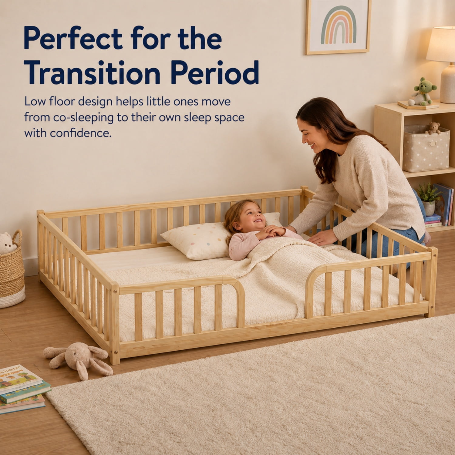 Miniyam Full Size Floor Bed with Guardrails, Low Profile Wooden Kids Bed Frame with Rounded Entrance, Natural