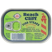 Beach Cliff Wild Caught Fish Steaks in Soybean Oil with Hot Green Chilies, Gluten Free, 16g Protein Per Serving, Bite Sized Herring, Shelf Stable Tin Can, 3.75 oz