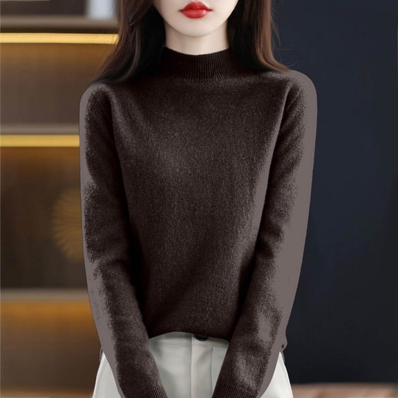 Women's Turtleneck Shirts Knit Pullover Sweater Long Sleeves Tops Midweight Thermal Underwear Blouse Brown L