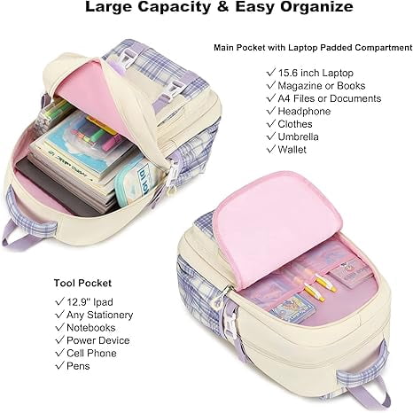 3PCS-With lunch bag, pencil box Laptop Backpack 15.6 Inch Bag College Backpacks Anti  Travel Back Pack Large Bookbags for Women(White)