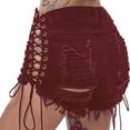 thumbnail image 5 of Women's Side-Tie Denim Shorts with High Slit Design, Adjustable Lace-Up Details for Sexy Summer Style,Wine 2XL, 5 of 5