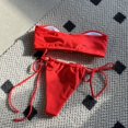 thumbnail image 4 of 2Pcs/Set Women Sexy Bikini Set Flower Decor Bandeau Bra Lace-up Swim Briefs Set Solid Color Quick Drying Swimsuit Beachwear-Red,S, 4 of 8