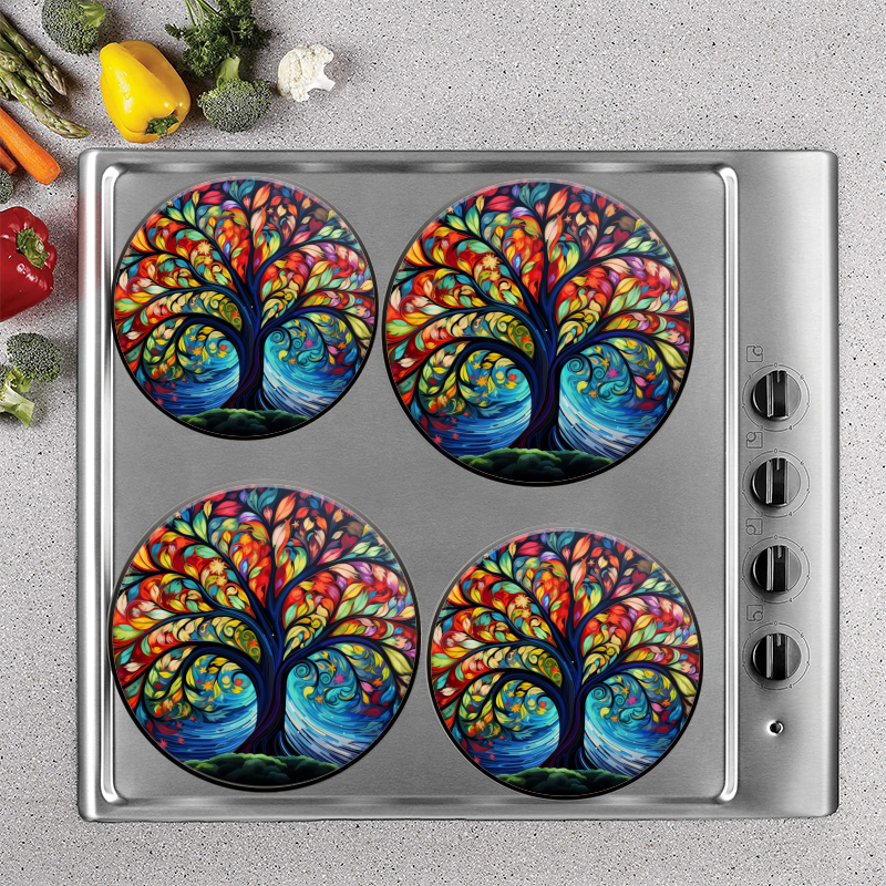 Bahomeck Electric Stove Burner Covers Set Of 4,Intricate Tree Of Life With Vibrant Swirling Leaves Metal Gas Stove Burner Covers,Protecting Gas Stoves,8 Inch And 10 Inch