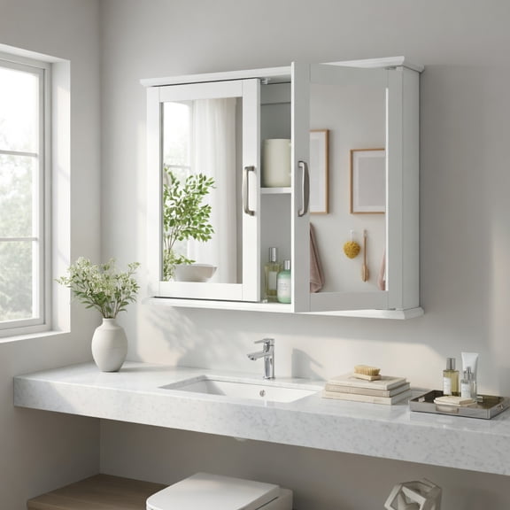 Canddidliike 2-Tier Bathroom Wall Cabinet, Over The Toilet Space Saver Storage Cabinet, Medicine Cabinet with 2 Mirror Door and Shelves, Cupboard, White