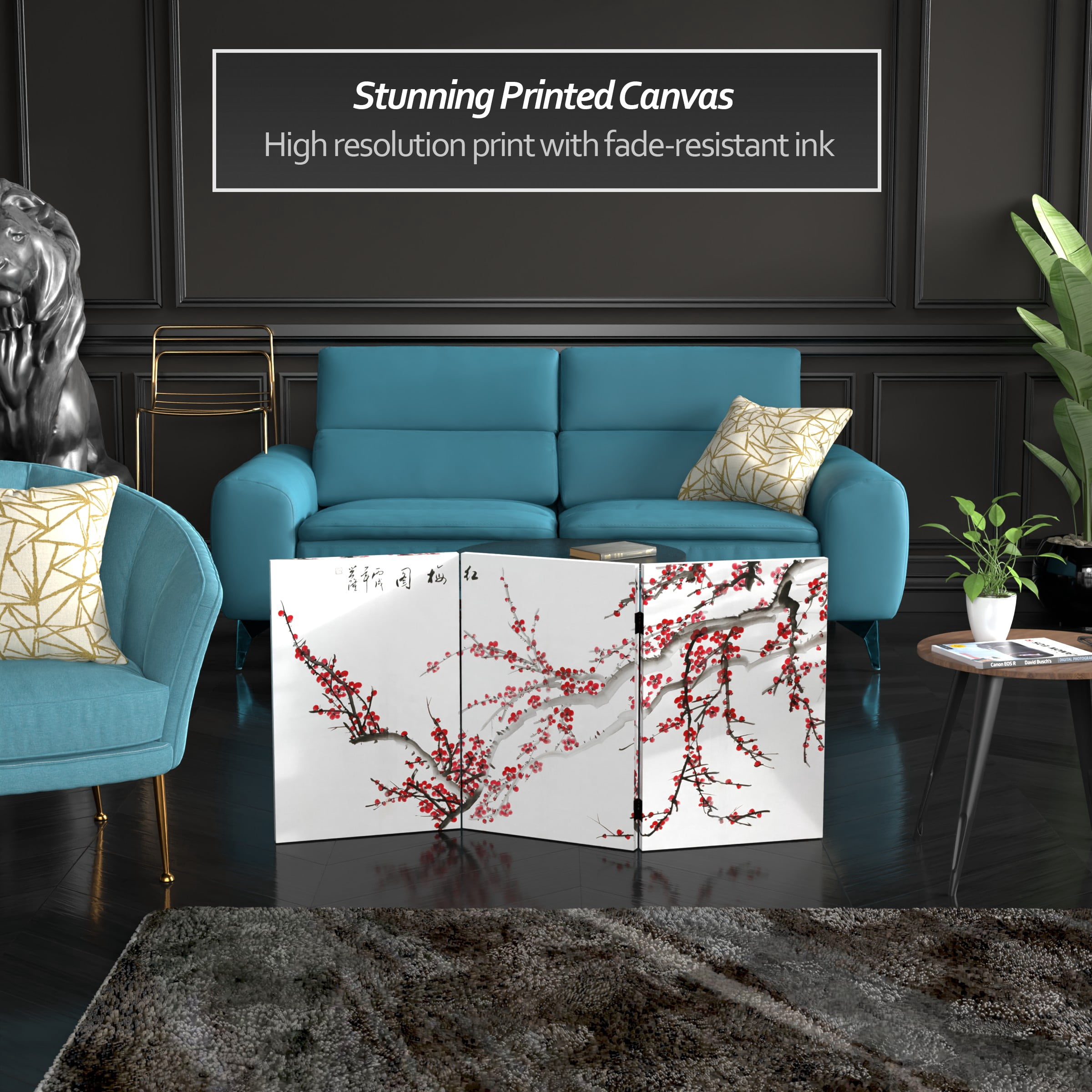 2 ft. Short Double Sided Plum Blossom Canvas Folding Screen