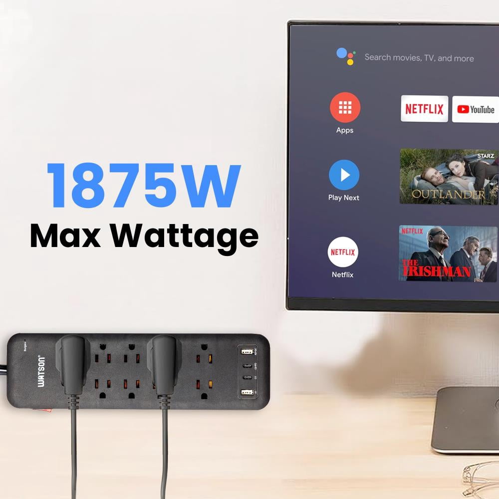 10-Outlet Surge Protector with 2 USB-C & 2 USB-A Ports, 2450 Joules, 6' Cord, LED Indicator – Power Strip for Home and Office Use by Watson(Black)