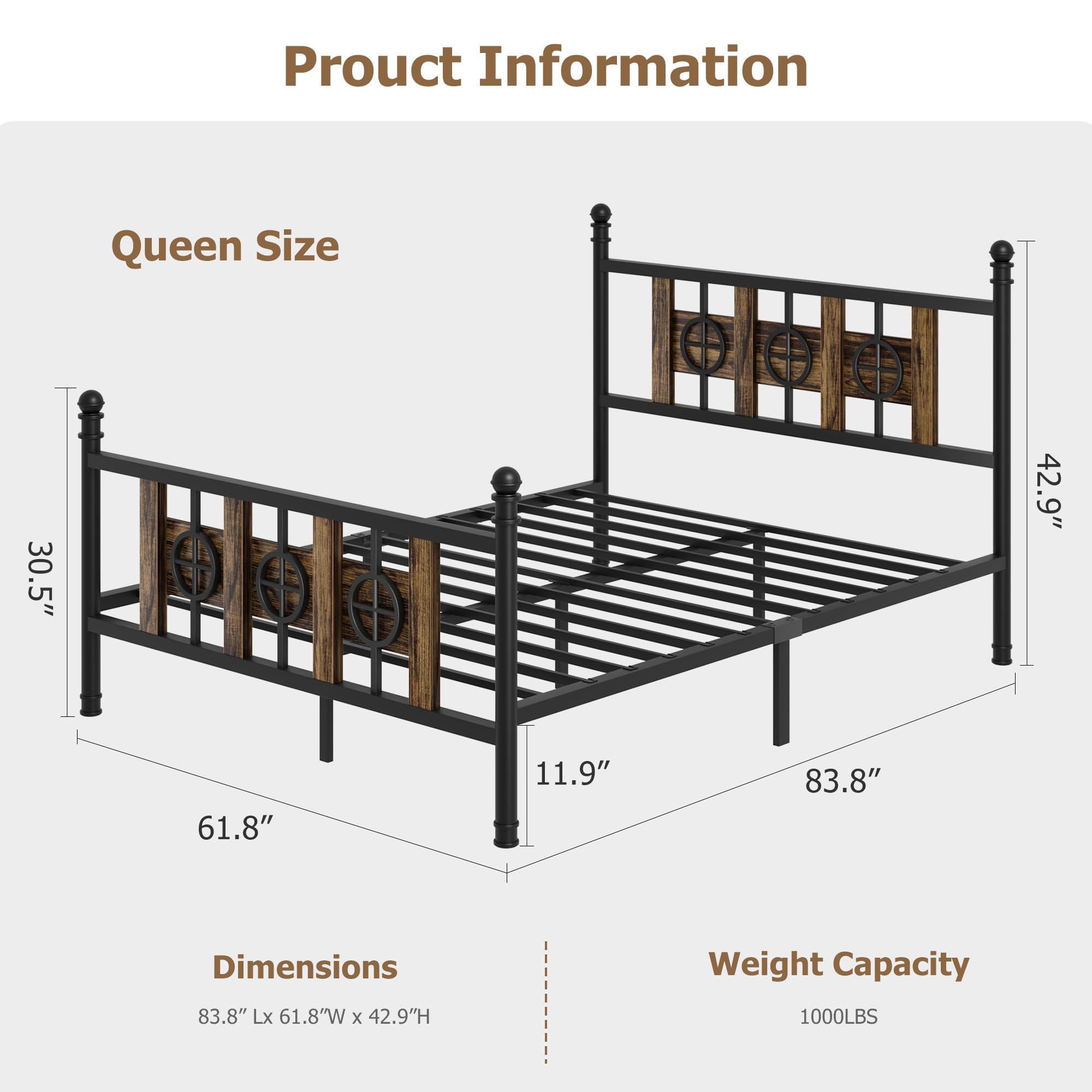 Garvee Queen Size Bed Frame with Headboard and Footboard, Storage Space Under Bed &  Metal Queen Bed Frame w/ Vintage Circular Design, No Box Spring Required, Easy Assembly, Noise-Free Brown