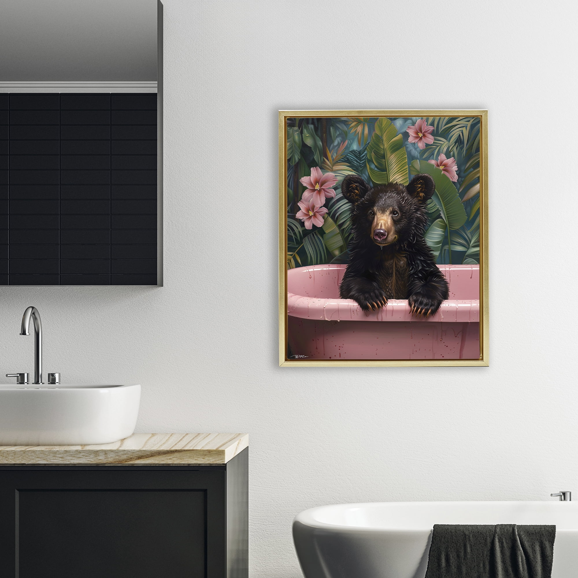 Bruno Bear in Pink Tub Gold Framed Floater Canvas Wall Art, design by Momart